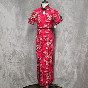 Amy Lee Cheongsam Dress Womens M Red Floral Hawaiian Qipao Maxi Side Slit Cotton